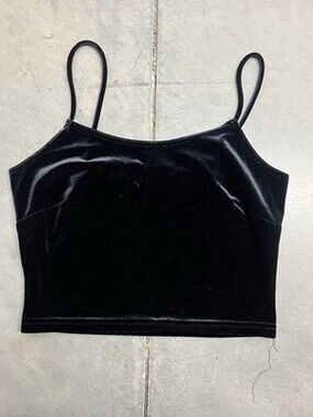 Vintage Black Velvet Crop Tank Top Womens Medium Y2K Spaghetti Strap